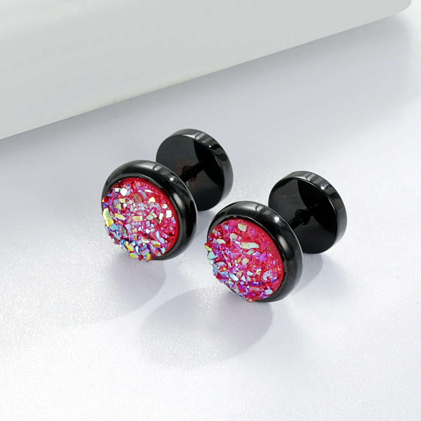 Titanium Screw Flat Back Earrings Glitter Cheater Studs Big Barbell Dot Disc Hypoallergenic, Titanium, pink druzy