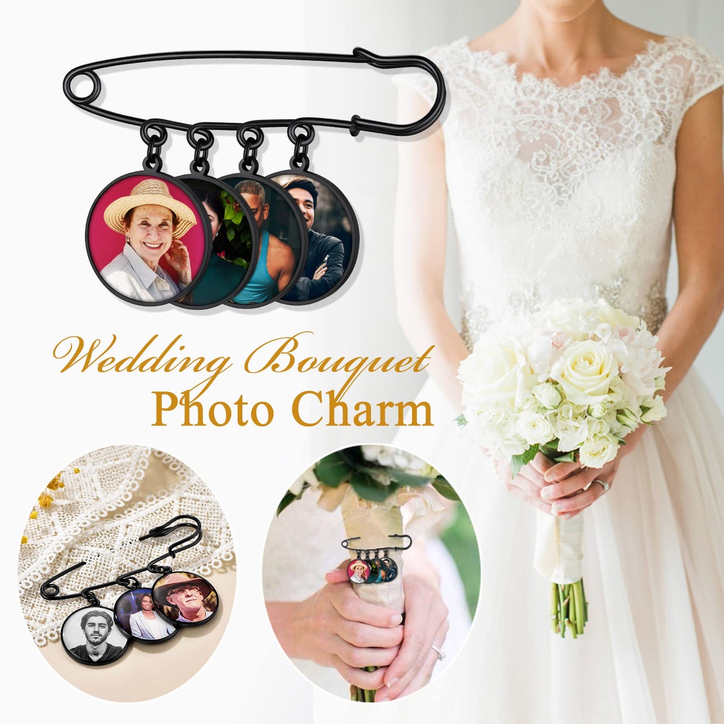 Custom4U Wedding Bouquet Charms Memorial Engraved with 4 Pictures Round Shaped Memory Photo Charm for Bride Groom Mother Father
