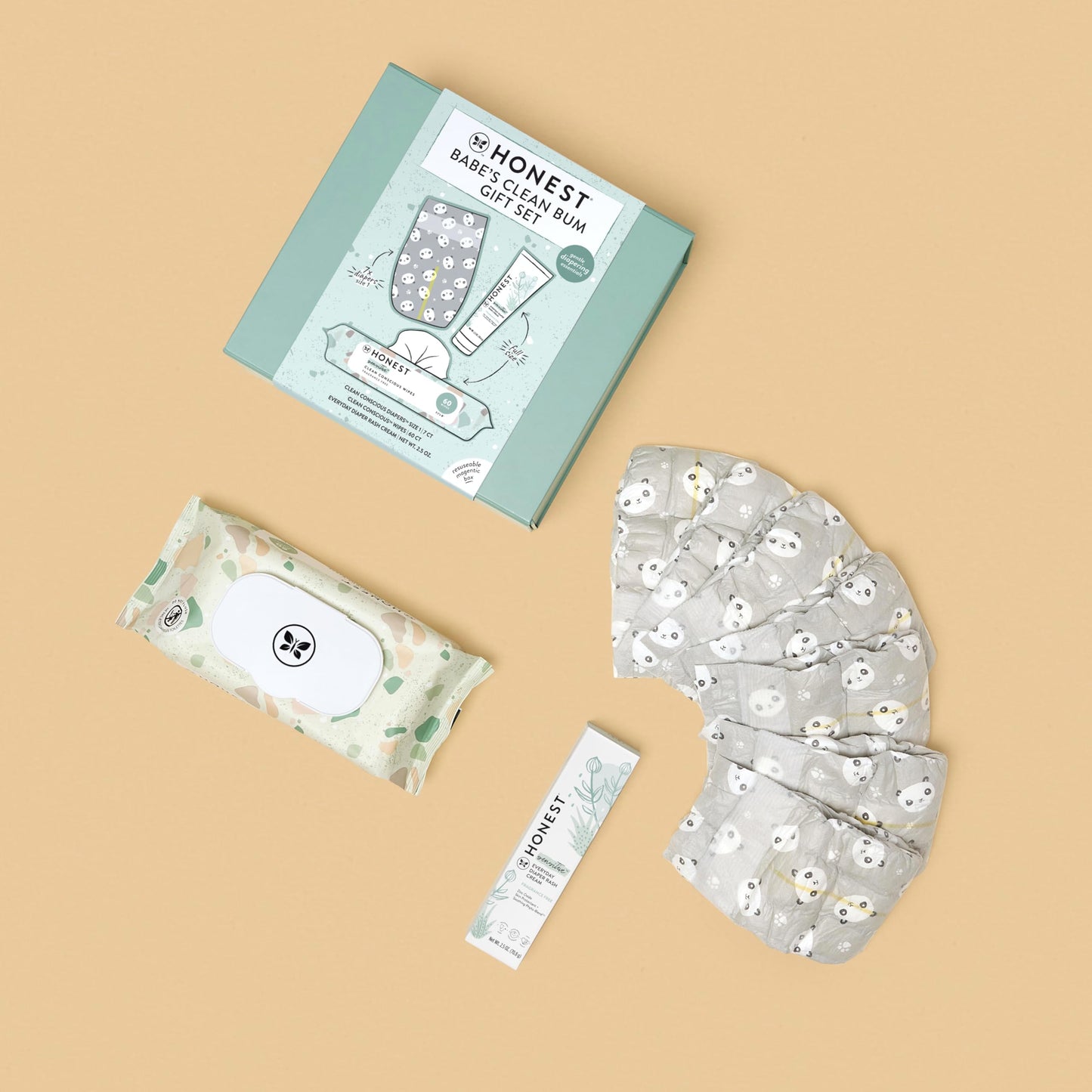 The Honest Company Babe's Clean Bum Gift Set, Diapering and Newborn Essentials 99% Water Wipes 60 ct Diaper Rash Cream 2.5 oz Conscious Diapers Size 1