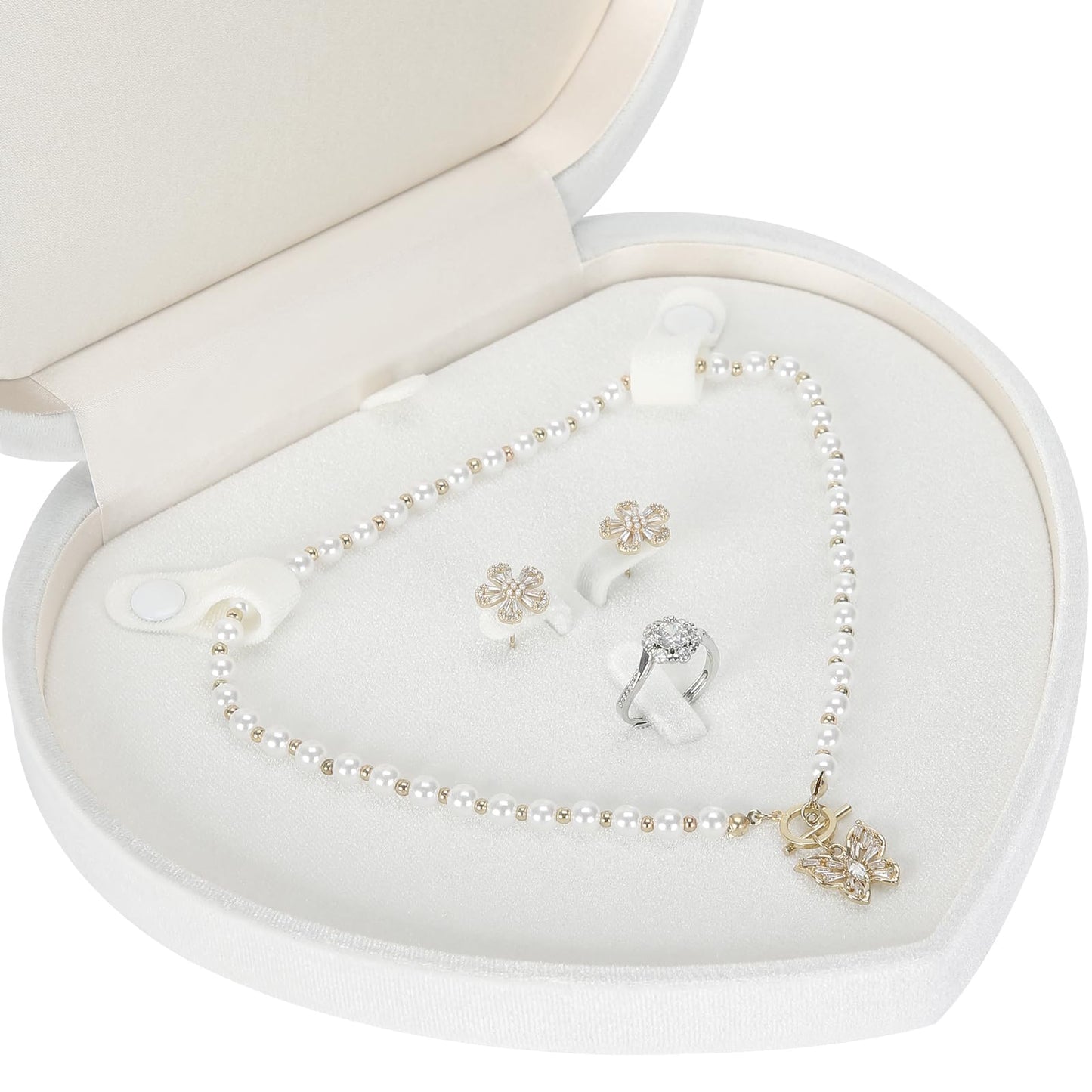 LETURE Large Jewelry Set Gift Box, Heart-Shaped Velvet Necklace Ring Earring Pearl Storage Organizer Holder Box (WHITE)