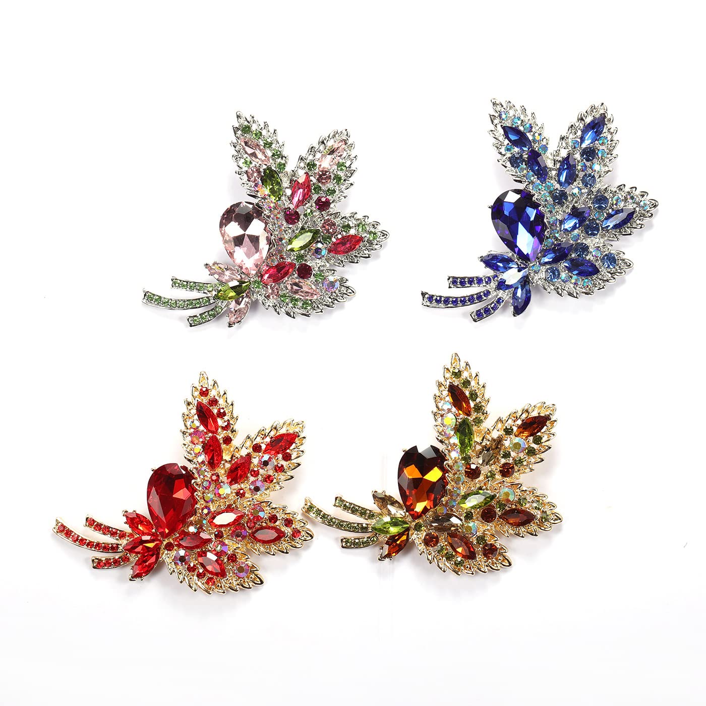 YOQUCOL Rose Red Austrian Crystal Leaf Shape Bouquet Big Large Brooch Pin Rhinestone Scarf Decoration Wreath Cloth Pin For Women