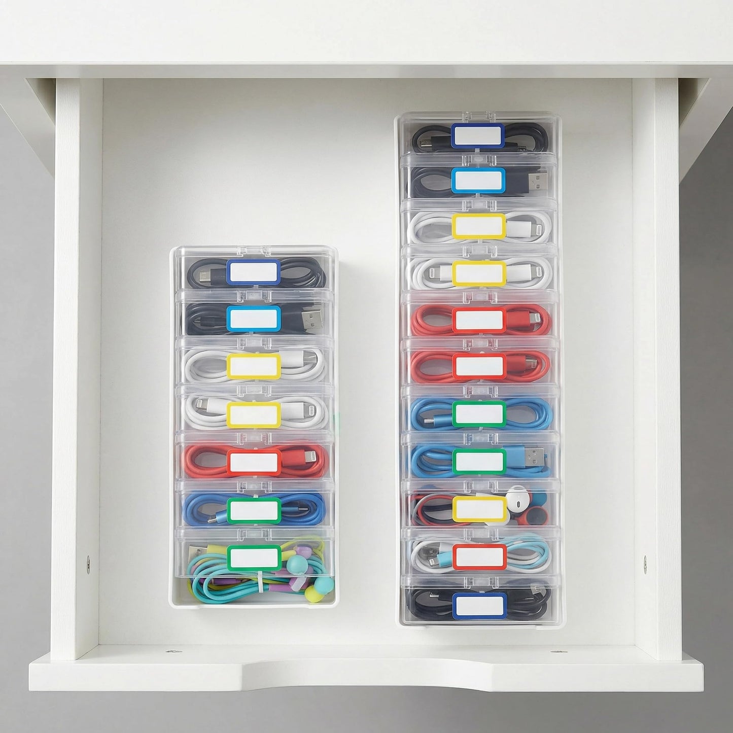2 Pack Cable Organizer Box Set with 7 and 11 Clear Cases for Charging Cables, Chargers, Earphones and Small Accessories, Includes Cable Ties and Labels for Home, Desk and Drawer