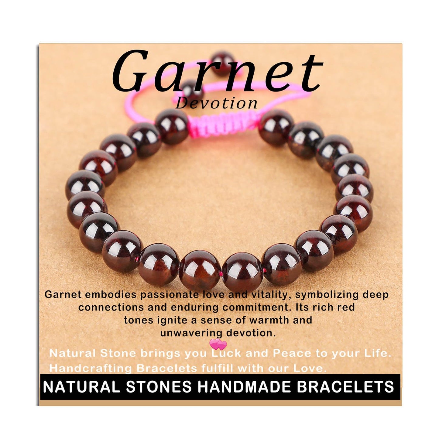 AD Beads 8mm Garnet Bracelet - Stone of Devotion - Handmade Natural Stone Crystal Bracelet with Adjustable Macrame String - Yoga Healing Power Energy Gifts for Men and Women