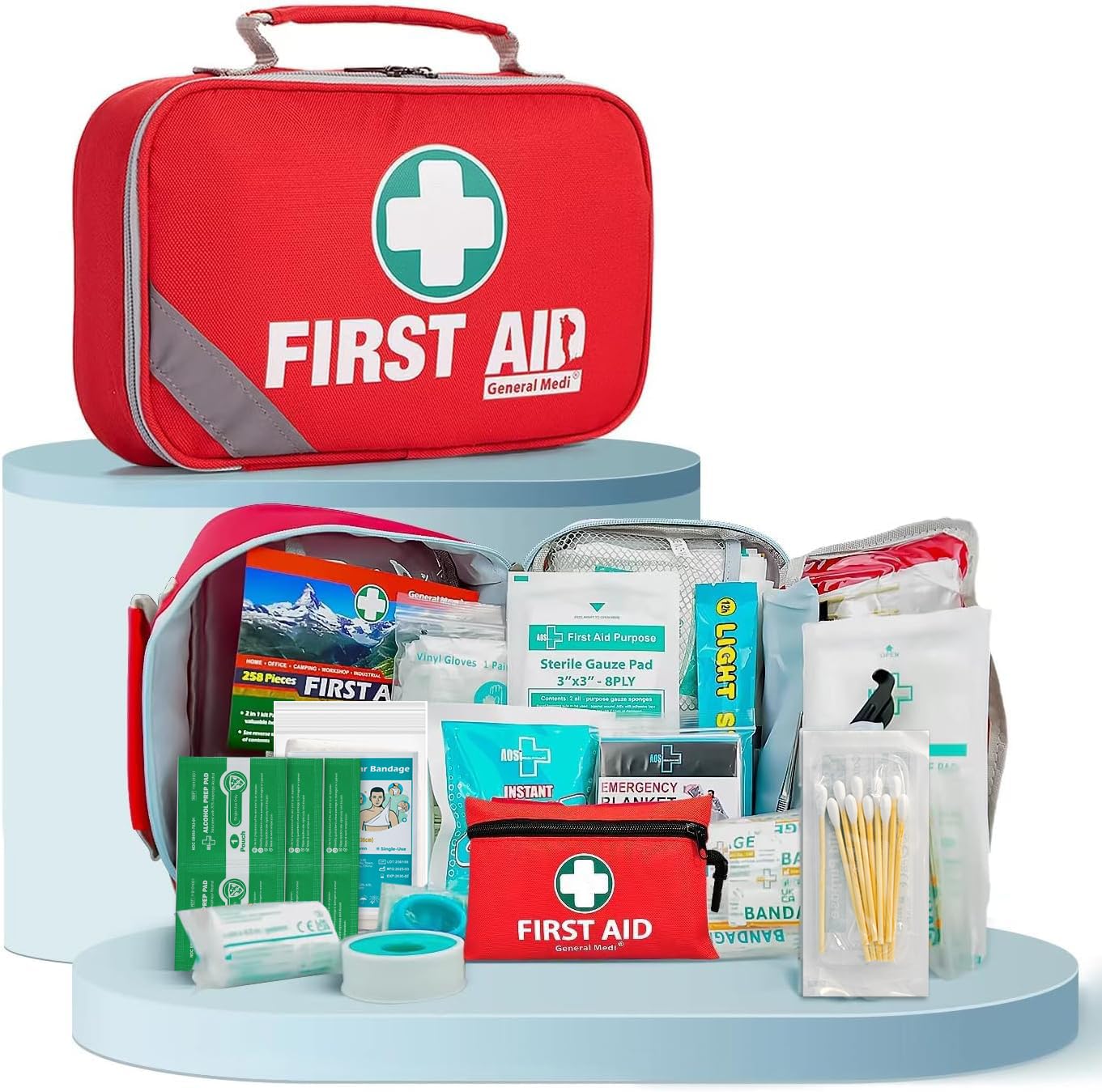 General Medi 2-in-1 First Aid Kit (215 Piece Set) + 43 Piece Mini First Aid Kit -Includes Ice(Cold) Pack, Moleskin Pad and Emergency Blanket for Travel, Home, Office, Car, Workplace