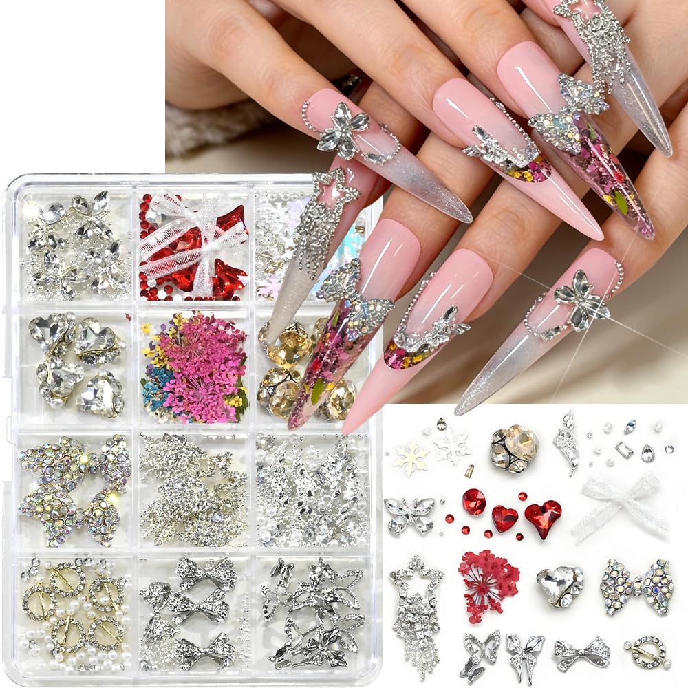 3D Nail Charms and Gems Cute Rhinestones Y2K for Nails Nesign Junk Case Charms Jewels for Nail Art Decorations (Silver Starlight)