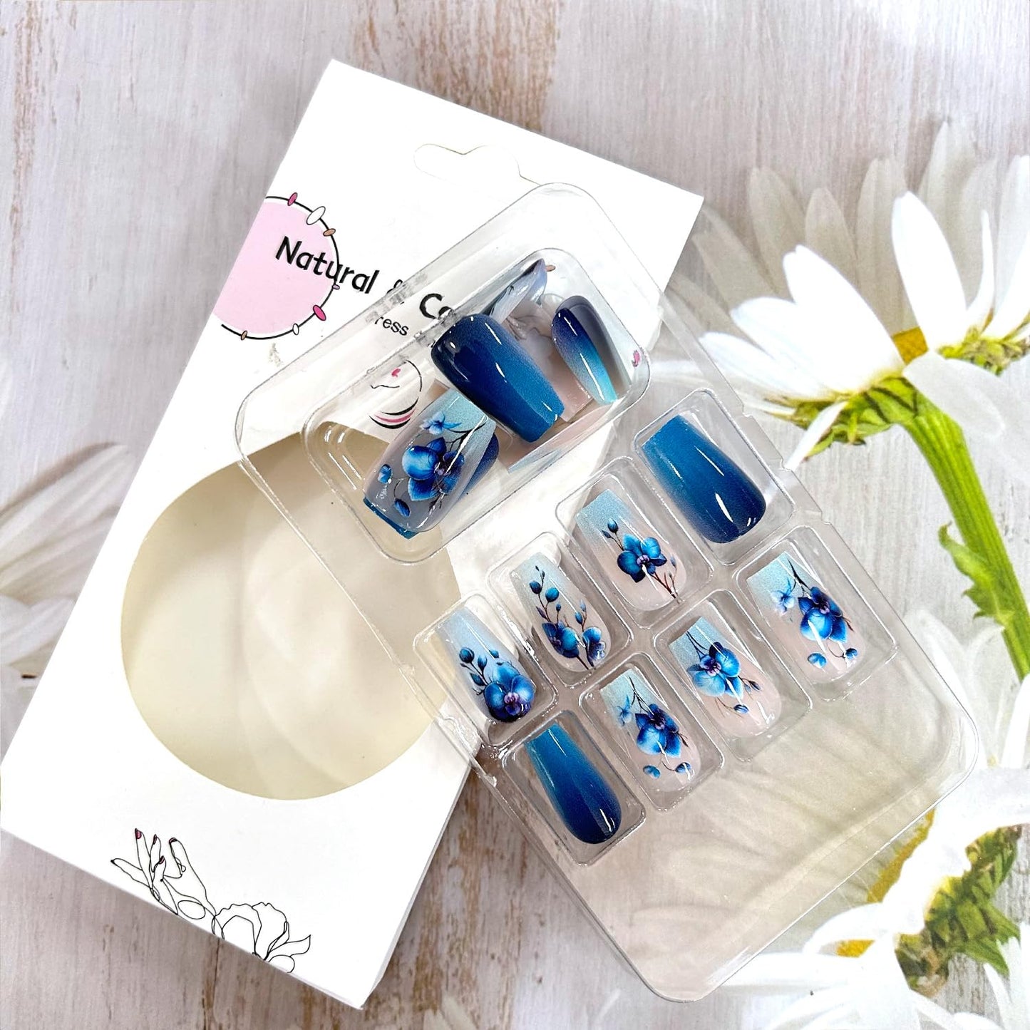 LOPMNGHT 24Pcs Blue Flower Press on Nails Medium Ballet Shaped Blue Gradient Acrylic False Nail Artificial Floral Stick on Nail Press Ons with Blossom Design Glossy Reusable Glue on Nails for Women