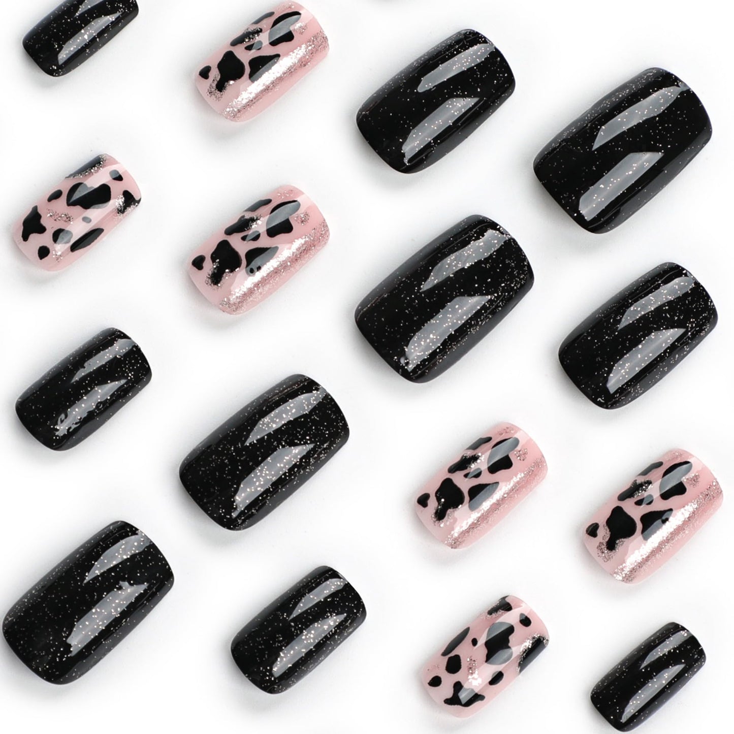 Black Press on Nails Short Square Fake Nails Full Cover False Nails with Gel Glossy Glue on Nails Cute Acrylic Stick on Nails Reusable Artificial Nails for Women Manicure 24 Pcs