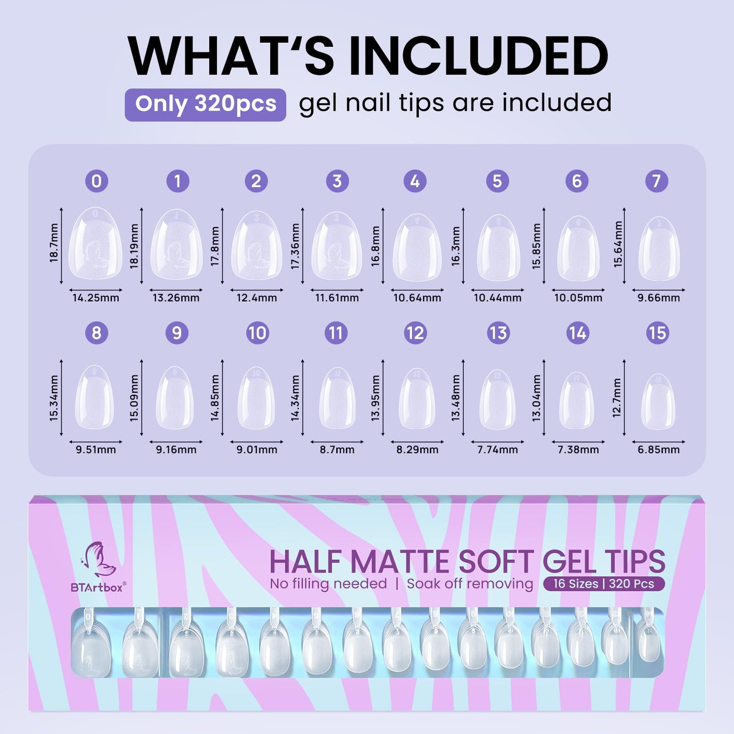 BTArtbox Extra Short Almond Nail Tips - 320pcs Half Matte Soft Gel Tips, Acrylic Pre-Shaped Fake Nails, Clear Ultra Fit & Natural False Nails for Nail Art, 16 Sizes