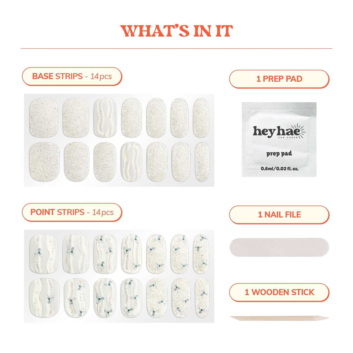 Heyhae Semi Cured Gel Nail Strips | No LED Lamp Needed | Glitter, White | Easy Apply & Remove, Salon Quality Includes 28 Strips, 1 Prep Pads, Nail File & Wooden Stick - Hey, It's Enchanted Glow