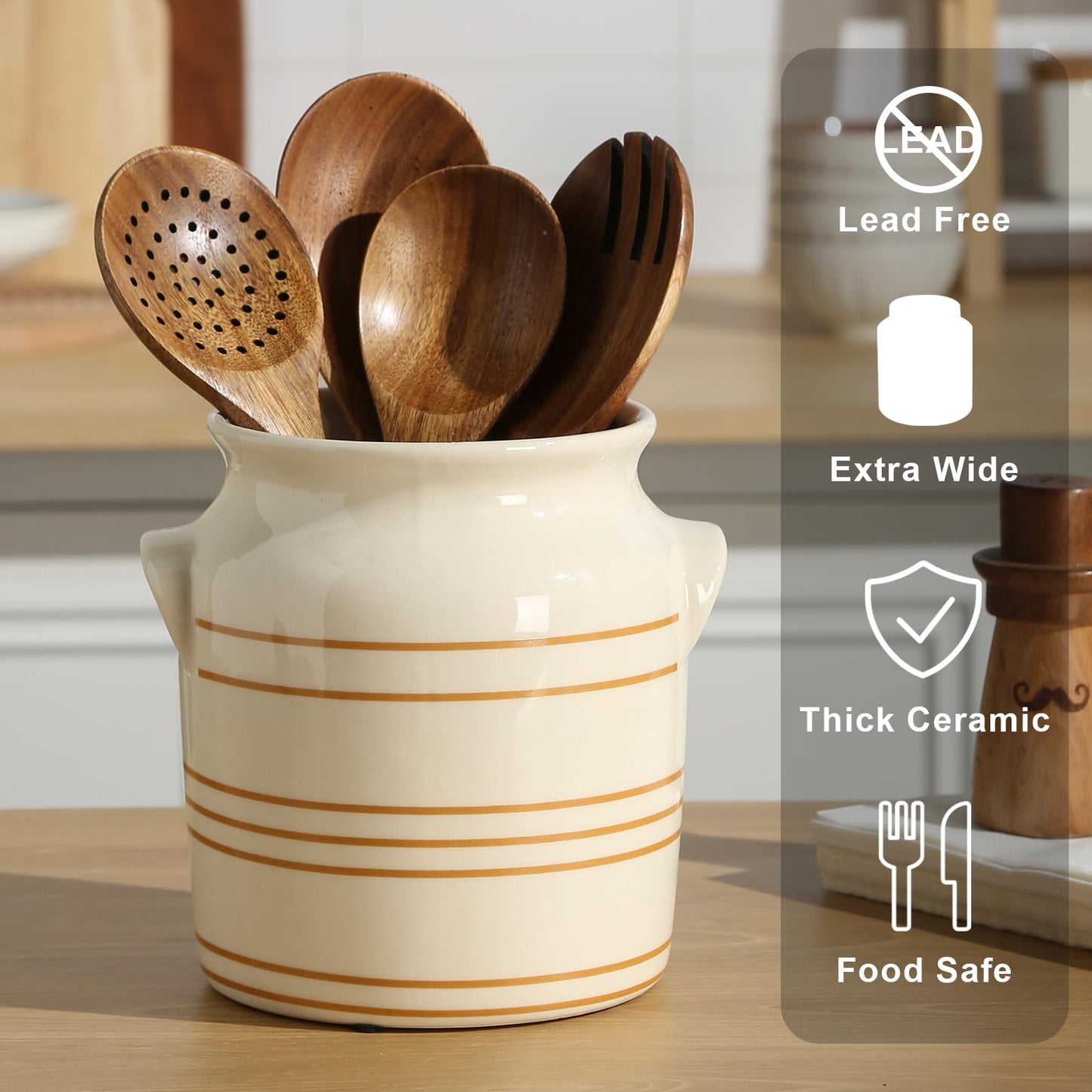 ATLZBLTCI Ceramic Farmhouse Kitchen Utensil Holder for Countertop, Rustic Cooking Utensil Holder Crock Fit for Kitchen Counter. 6*6.8*6.7 IN
