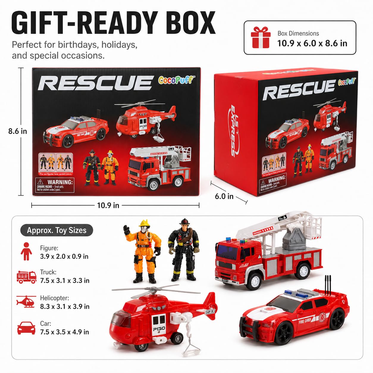 Friction Powered Fire Rescue Toy Set – 1:20 Scale Fire Truck, Helicopter & 2 Firefighter Action Figures with Lights & Sounds – Educational Emergency Vehicle Playset for Kids Ages 3+