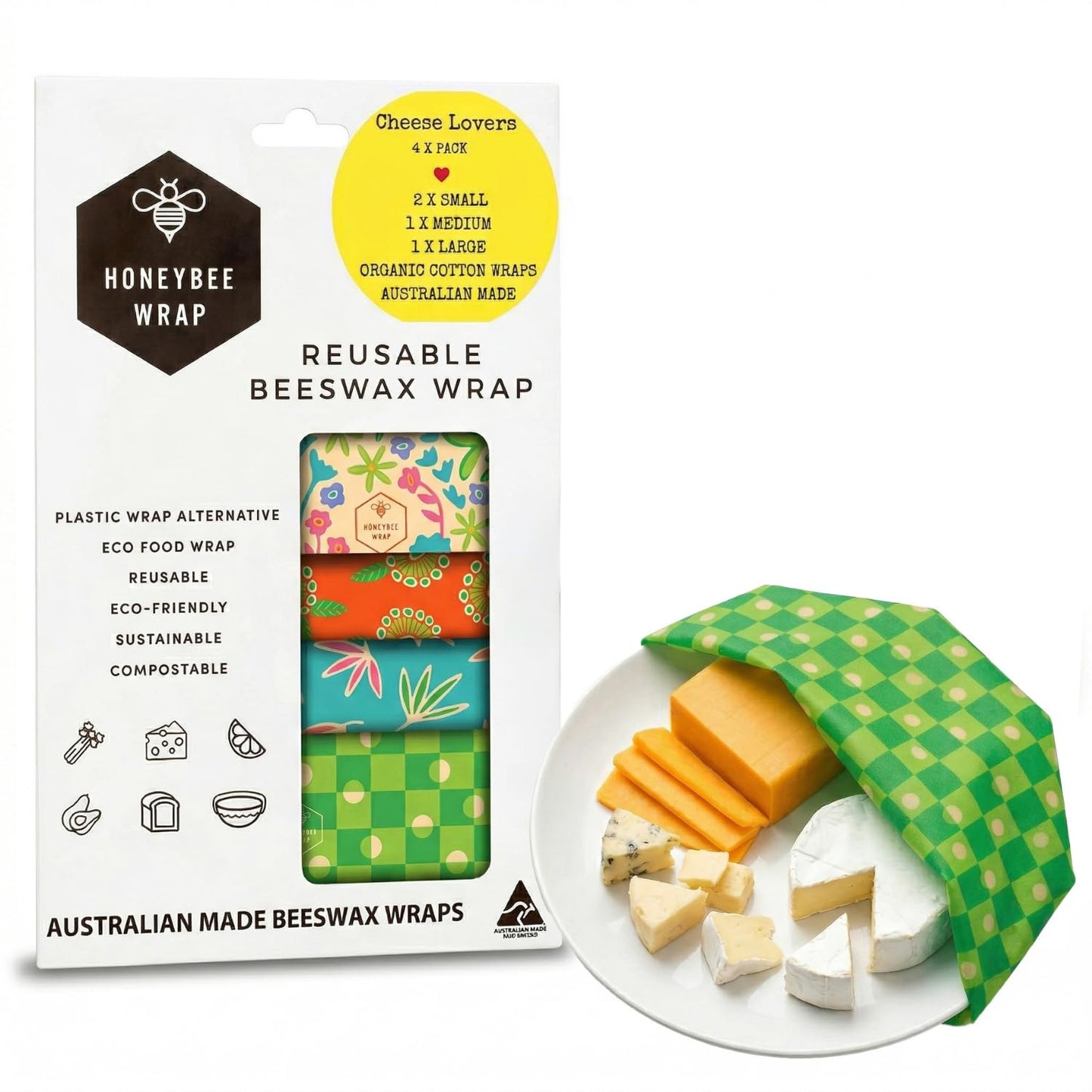 Honeybee Beeswax Wraps - Cheese Lovers Assorted Pack - Certified Organic Cotton Reusable Beeswax Wraps for Food - Plastic Wrap & Sandwich Bags Alternative - 4 Pack - Small, Medium & Large