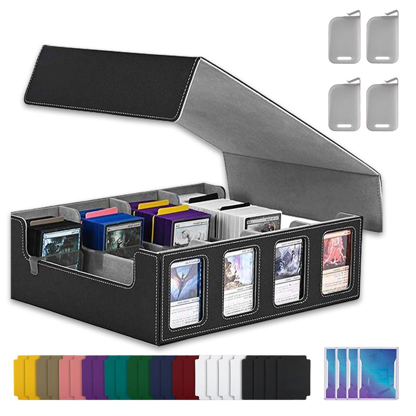 TINTEK 4-Row Trading Card Storage Box – Holds 3000+ Cards – Commander Display Slot, Magnetic Removable Lid, PU Leather Deck Box – Compatible with MTG Commander, TCG,(T2400Black&Gray)