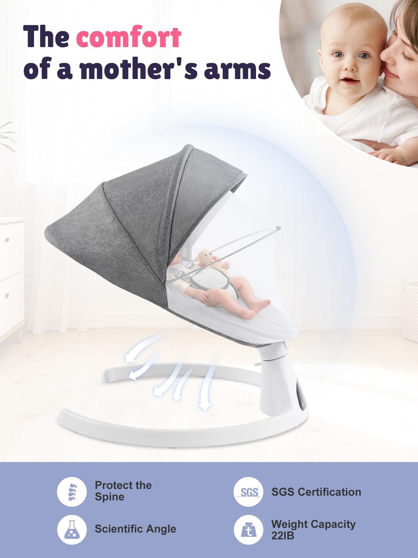 FDTQP Baby Swing for Infants - Electric Portable Bluetooth Baby Rocker with 5 Speeds, 5-Point Harness, Remote Control, Timing & Music Speaker Max 20 Lbs (Gray)