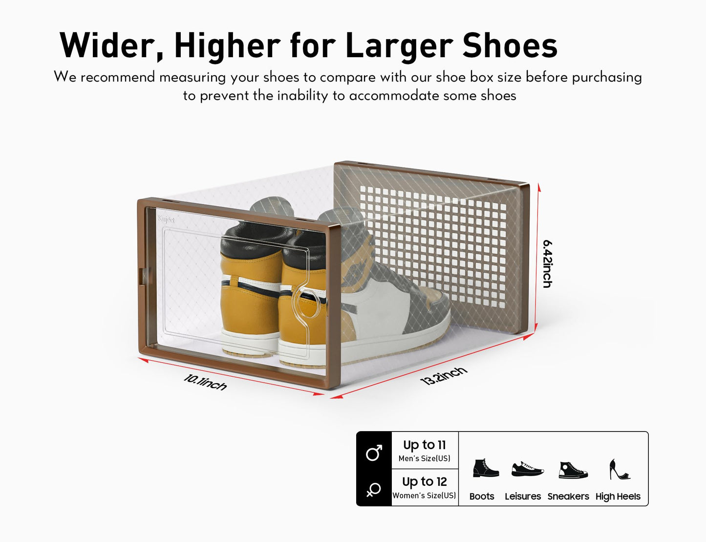 Kuject X-Large Shoe Storage Boxes Organizers for Closet 12 Pack, Fit Size 11,Clear Plastic Stackable Sneaker Containers for Entryway, Space Saving Shoe Rack, Brown