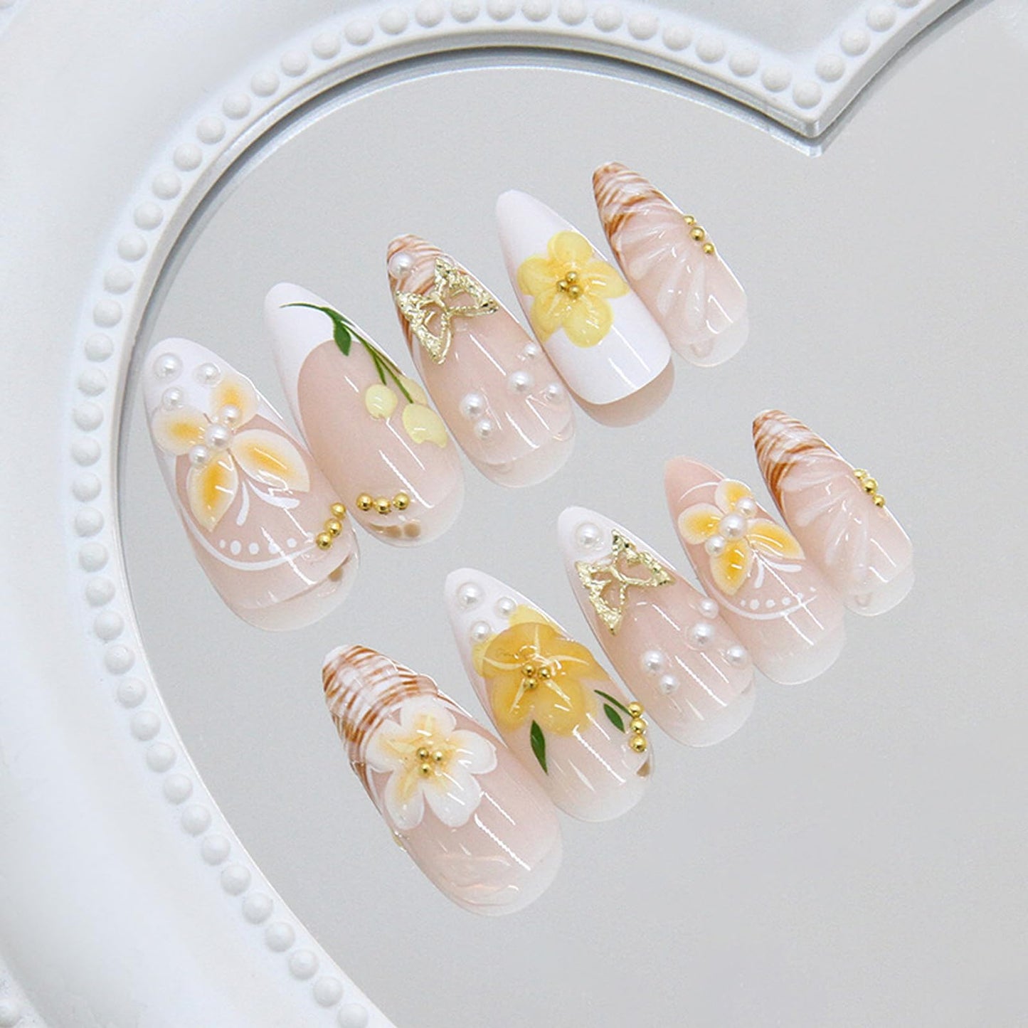 IMRAIN Spring Press on Nails Medium Almond Fake Nails French Nail Tips Full Cover 3D Yellow Flower False Nails Reusable Artificial Stick on Nails for Women