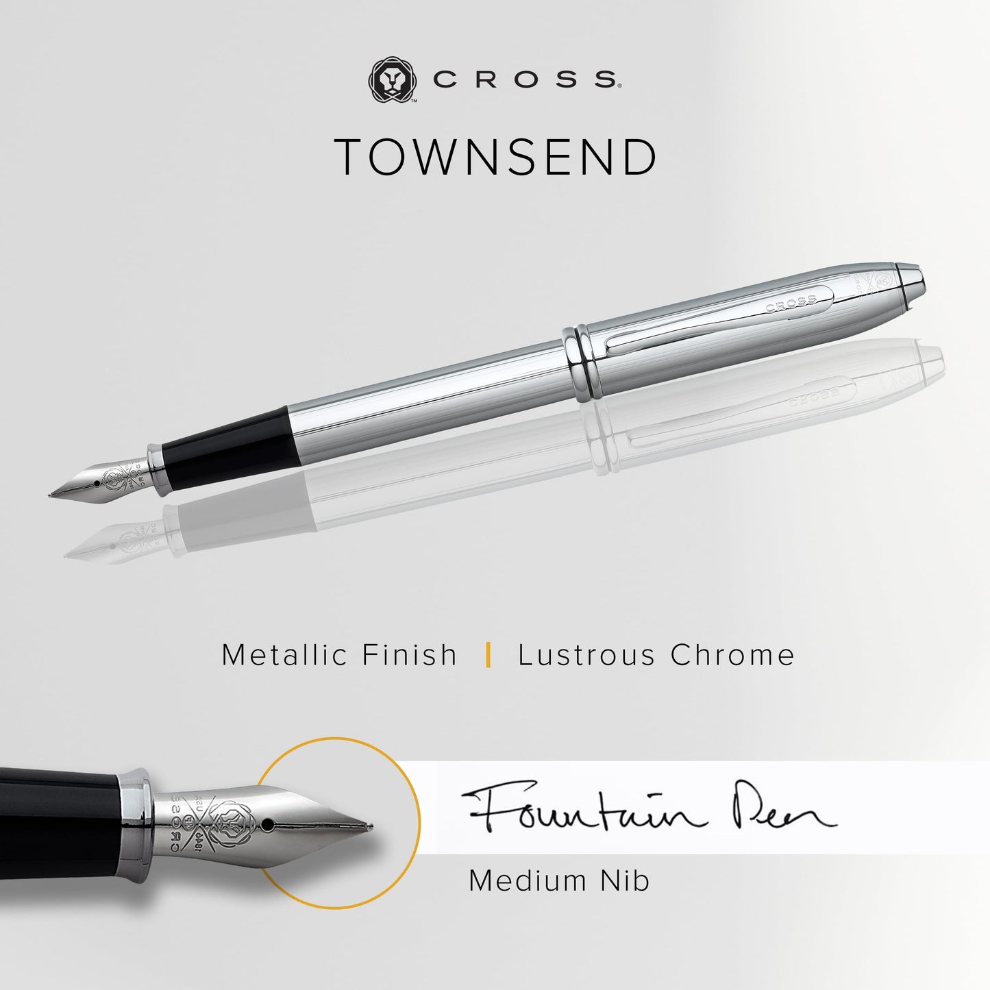 Cross Townsend Refillable Fountain Presented in a Luxury Gift Box - Medium Point, Black Ink, Lustrous Chrome