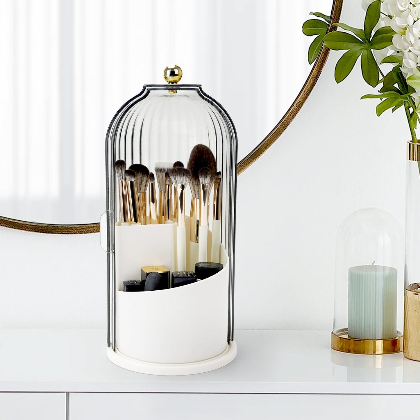 QIYVLOS Toothbrush Holders with Sliding Lid, Rotating 3 Slots Bathroom Organizer Countertop, Tooth Brush Toothpaste Holder Bathroom Counter Stand Sink Organizer Caddy for Vanity Makeup Brushes Holder