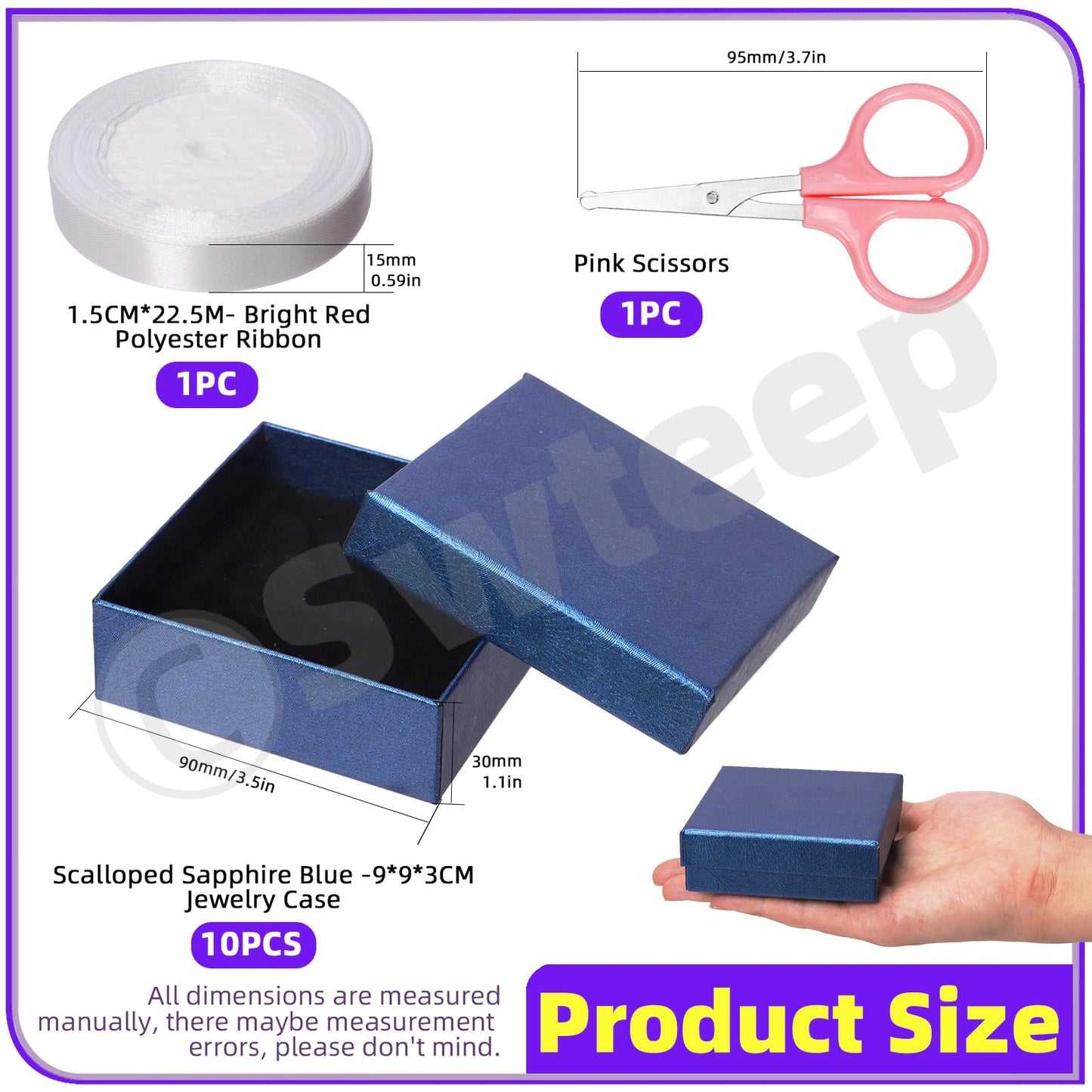 Swpeet 12Pcs Royal Blue 3.5×3.5×1 Inch Cardboard Jewelry Gift Boxes with Scissors and Polyester Ribbon, Necklace Earring Bracelet Boxes Gift Case Ideal for Jewelry Storage Packaging Display