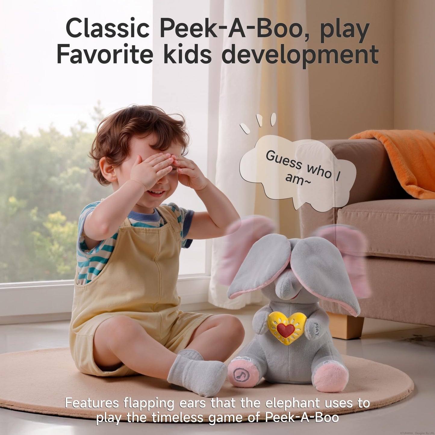 eJog Pup Peek a Boo Elephant Toy, Interactive Singing Plush Elephant Toy with Flapping Ears and Hearts, Musical Stuffed Animal for Babies and Toddlers