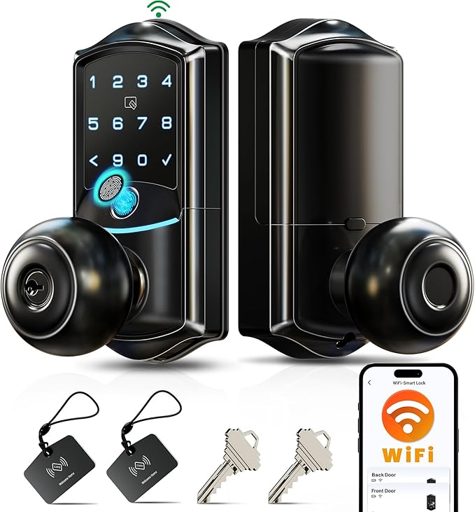 Veise VE028 Built-in Wi-Fi Smart Lock with Knob, Fingerprint Keyless Entry with Handle, App Remote & Voice Control, Electronic Digital Keypad for Front Door and Bedroom, IP65 Waterproof, Matte Black