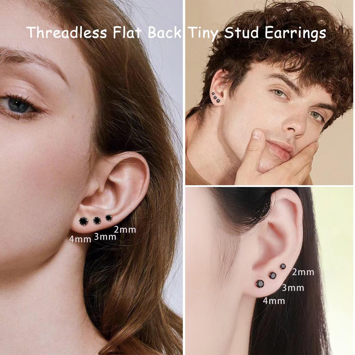 Women's Hypoallergenic Stainless Steel Cubic Zirconia Earrings Studs Set Multi-Pack, CZ Stud Earrings for Men 5 pairs 4-8mm, Titanium Stainless Steel Cubic Zirconia, black diamond