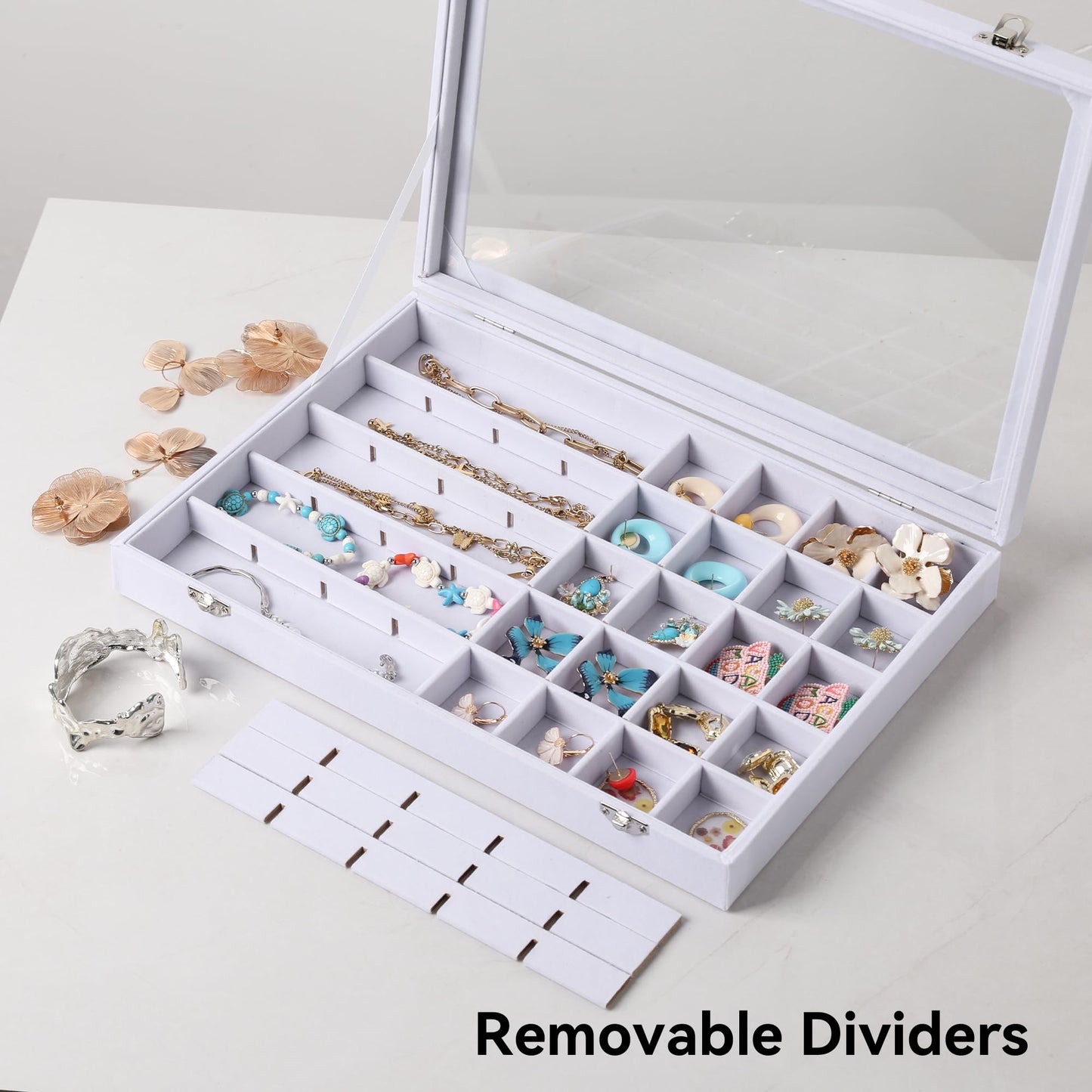 Frebeauty 40 Grid Jewelry Tray,Adjustable Earring Holder Organizer with Glass Lid,Velvet Drawer Jewelry Organizer for Rings,Studs,13.8 x 9.5 x 2 Inches Jewelry Display Box,Gift for Women(White)
