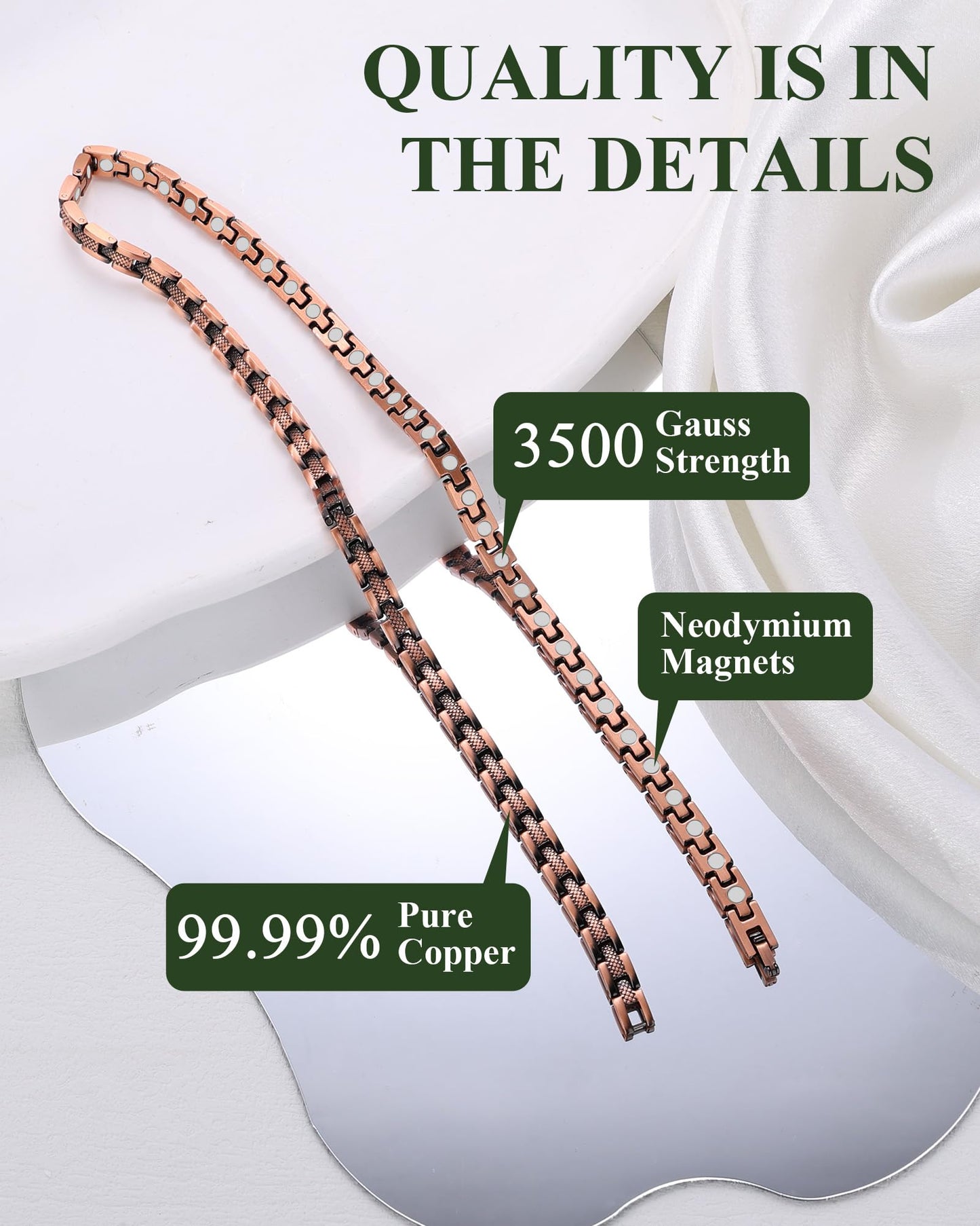 Fashtour Copper Necklace for Men Women, 99.99% Pure Copper Magnetic Chains Necklace with 3500 Gauss Ultra Strength Neodymium Magnets, Adjustable Jewelry Gift with Sizing Tool (Copper 029)
