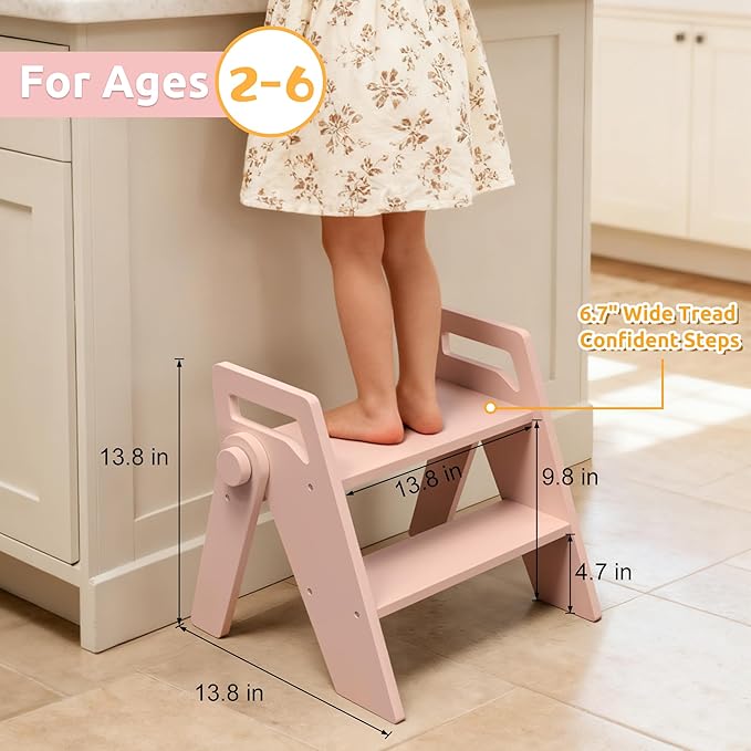 Wooden 2 Step Stool for Kids Bathroom Foldable 2-Step for Toilet Potty Training, Child Stepping Stool for Kitchen Nursery Bedroom Pink