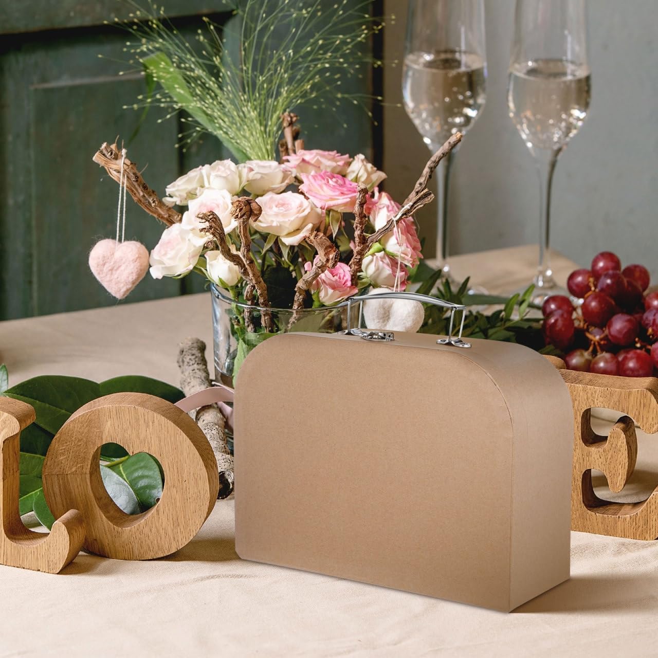 TEHAUX 10" Premium Kraft Paper Suitcase Gift Box with Metal Handle & Latch, Rustic Mini Cardboard Trunk for Bridesmaid Proposal, Keepsake Storage and DIY Wedding Party Favors (Light Brown)