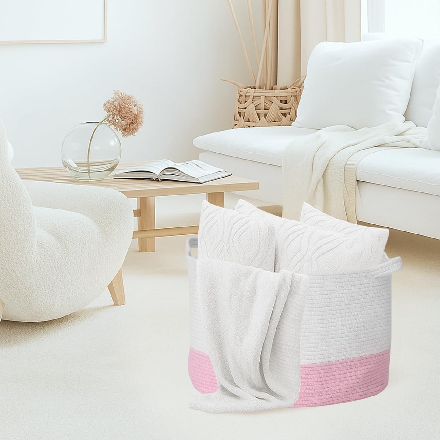 LemonRoad Pink Bow Extra Large Cotton Rope Basket 20"x14", Embroidered Woven Baby Laundry Blanket Basket Box with Handle Storage, Blanket Storage for Living Nursery Pillows Laundry Baby Toy Chest