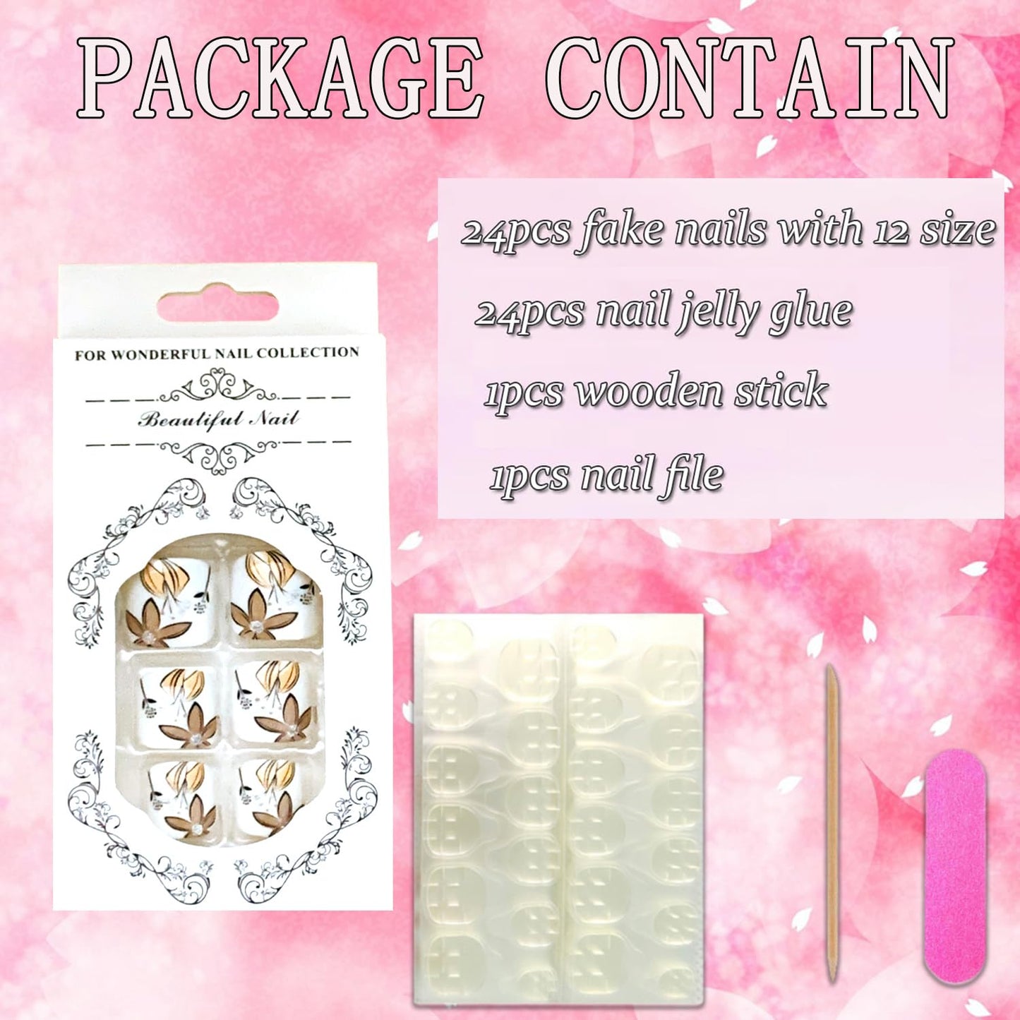 Vezocim Press on Toenails With Brown Flower Designs, 24Pcs Artificial Fake Nails for Toe, Glossy Full Cover Square Acrylic False Toenails, Glue Ons With Charm for Women