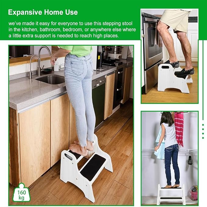 StrongTek Wood 2 Step Stool for Kids with Non-Slip Stepping Surface, Portable Handles, Skid Resistant Foot Pads, and 350 lbs. Capacity, Multipurpose Heavy-Duty Support (White)