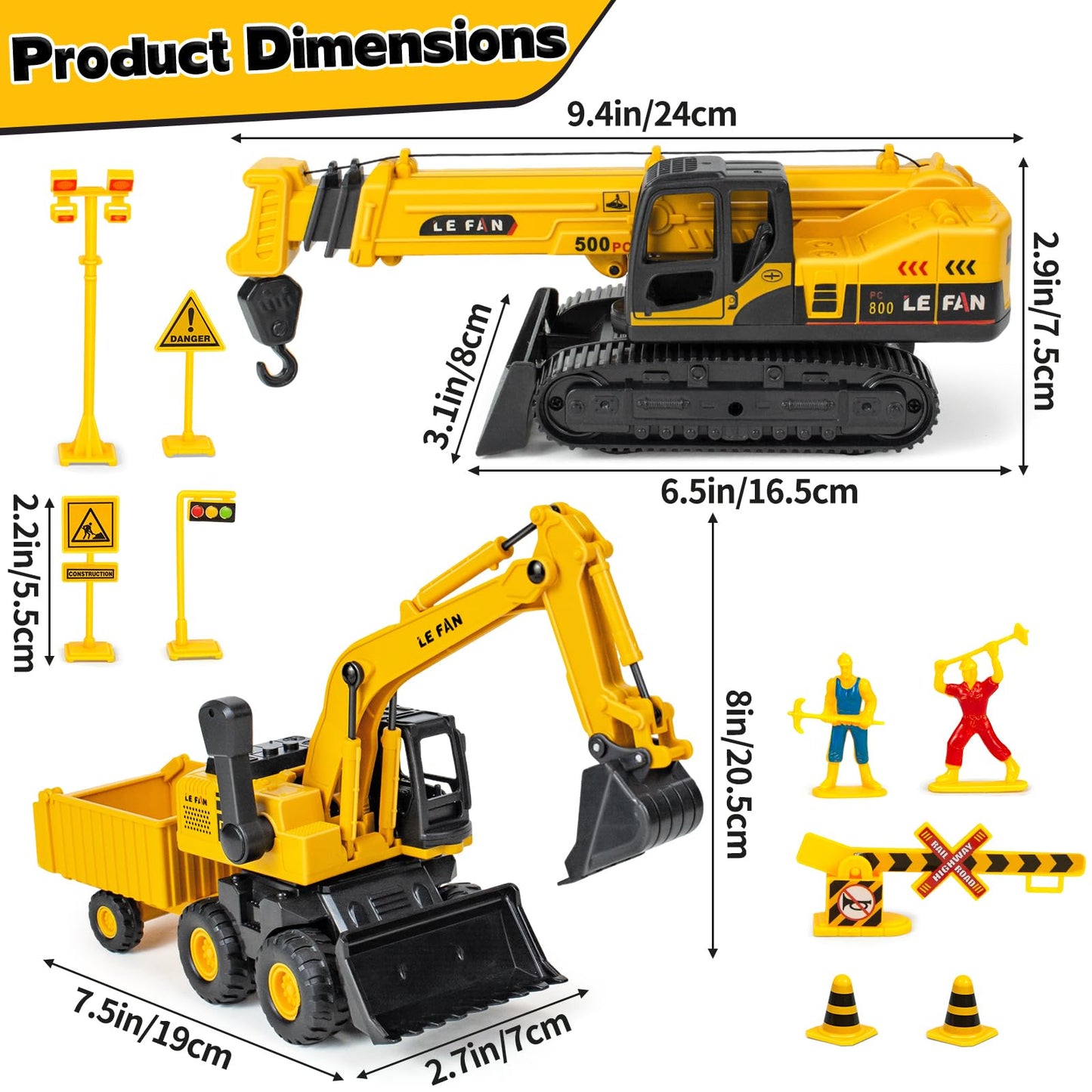 Kids Construction Toys for Boys - 3 in 1 Excavator, Crane and Dump Trucks with Road Signs for Toddlers Ages 3-5, Friction Power Construction Vehicles Model Car, Transport Truck Playset Birthday Gifts