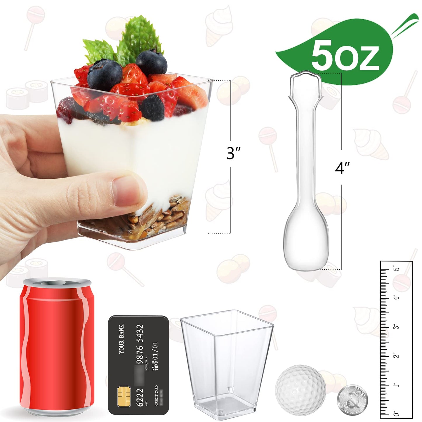 Eupako 100 Pack 5 oz Square Clear Plastic Dessert Cups with Spoons Small Clear Plastic Tumbler Cups Great for Desserts, Appetizers, Puddings, Mousse, Parfait