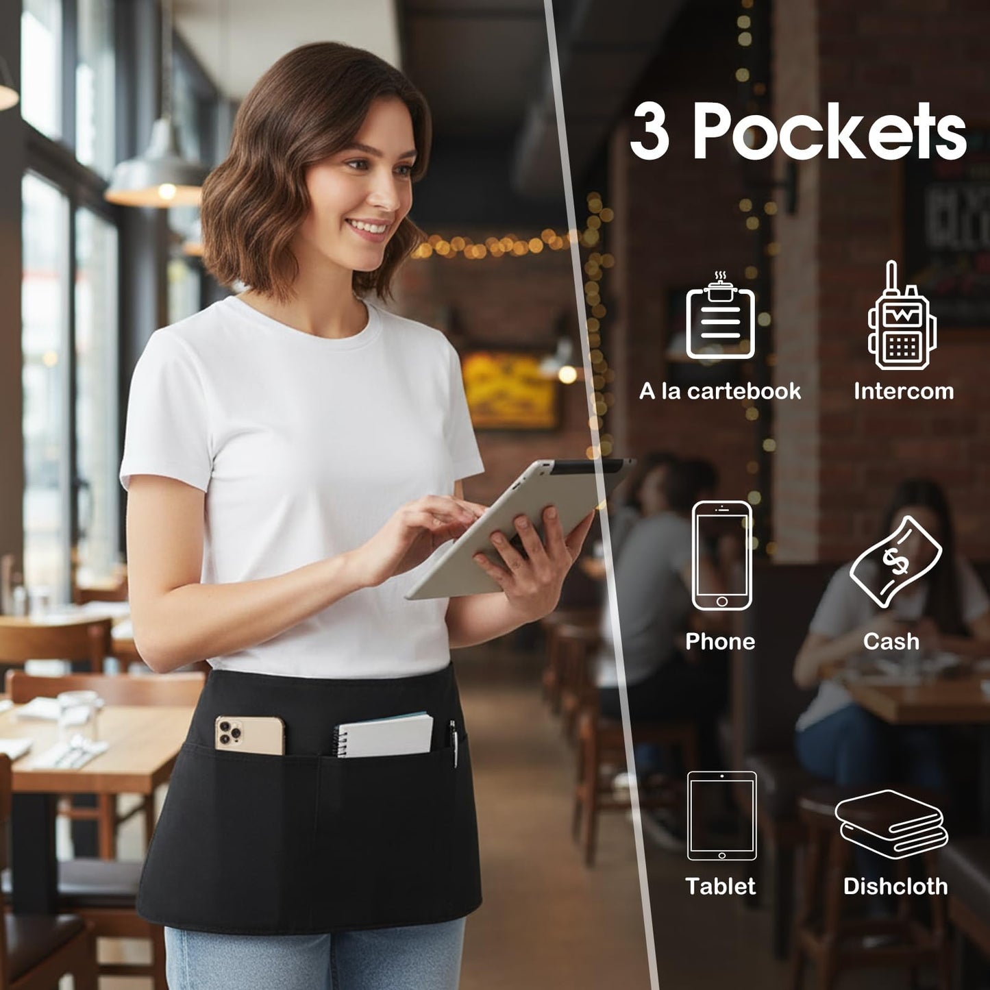 BOHARERS Cotton Server Aprons 3 Pack Waiter Waitress Apron Short Apron with Pockets Restaurant BBQ 12 Inch Black