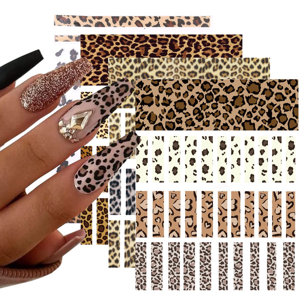 8Sheets Leopard Nail Stickers - 3D Self-Adhesive Designer Nail Decals for Leopard Print, Girls DIY Nail Art Decoration