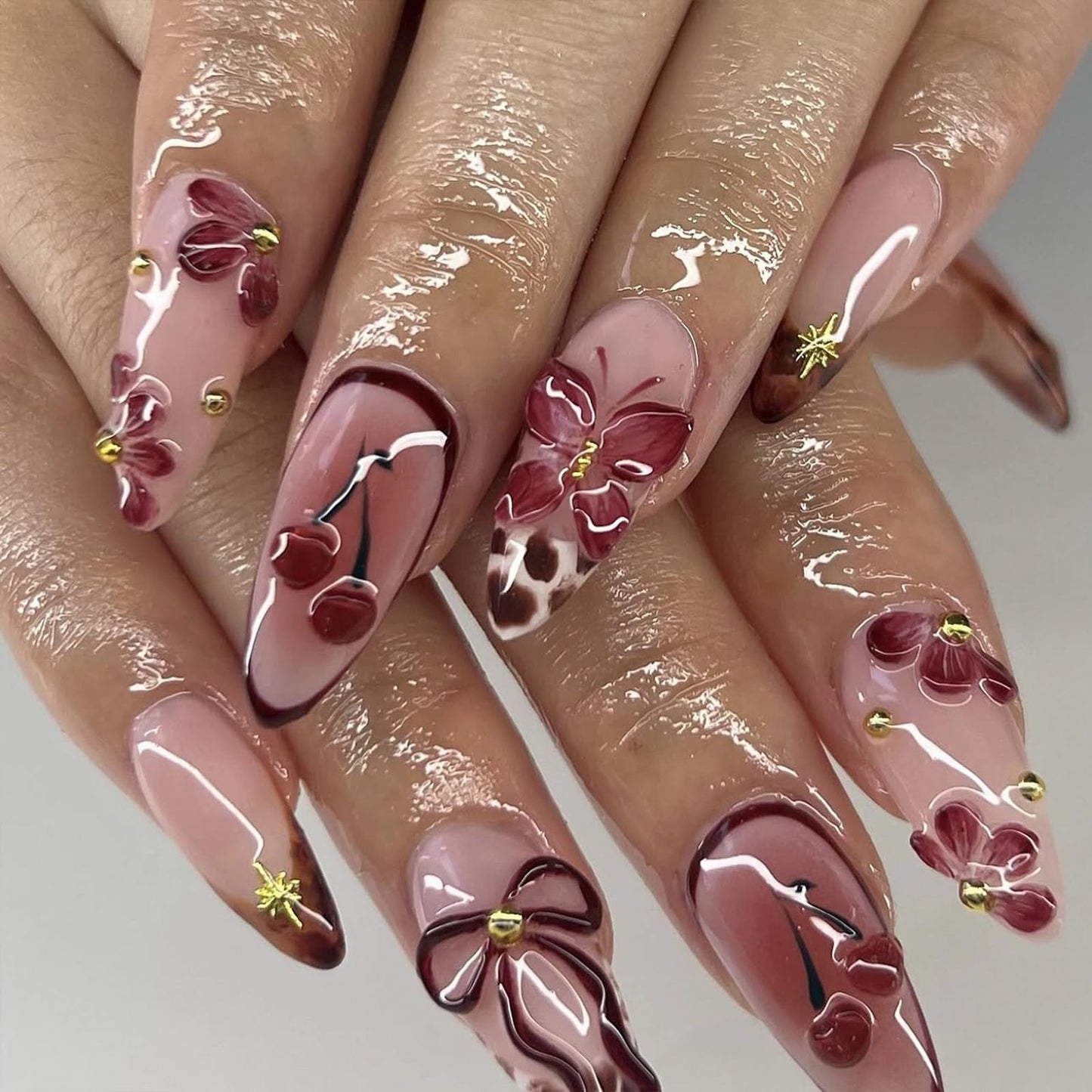 MISUD Press on Nails - Medium Almond Glue on Nails with Fall Brown, Acrylic Autumn Flower Design 24 pcs