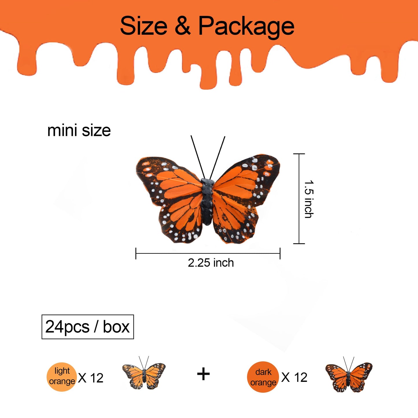 24pcs Monarch Butterflies Monarch Butterfly Decorations Kit with Clip for Dia de Los Muertos Decorations Halloween Decorative Butterflies Handmade Feather Butterfly - 2.25 inch KP06C