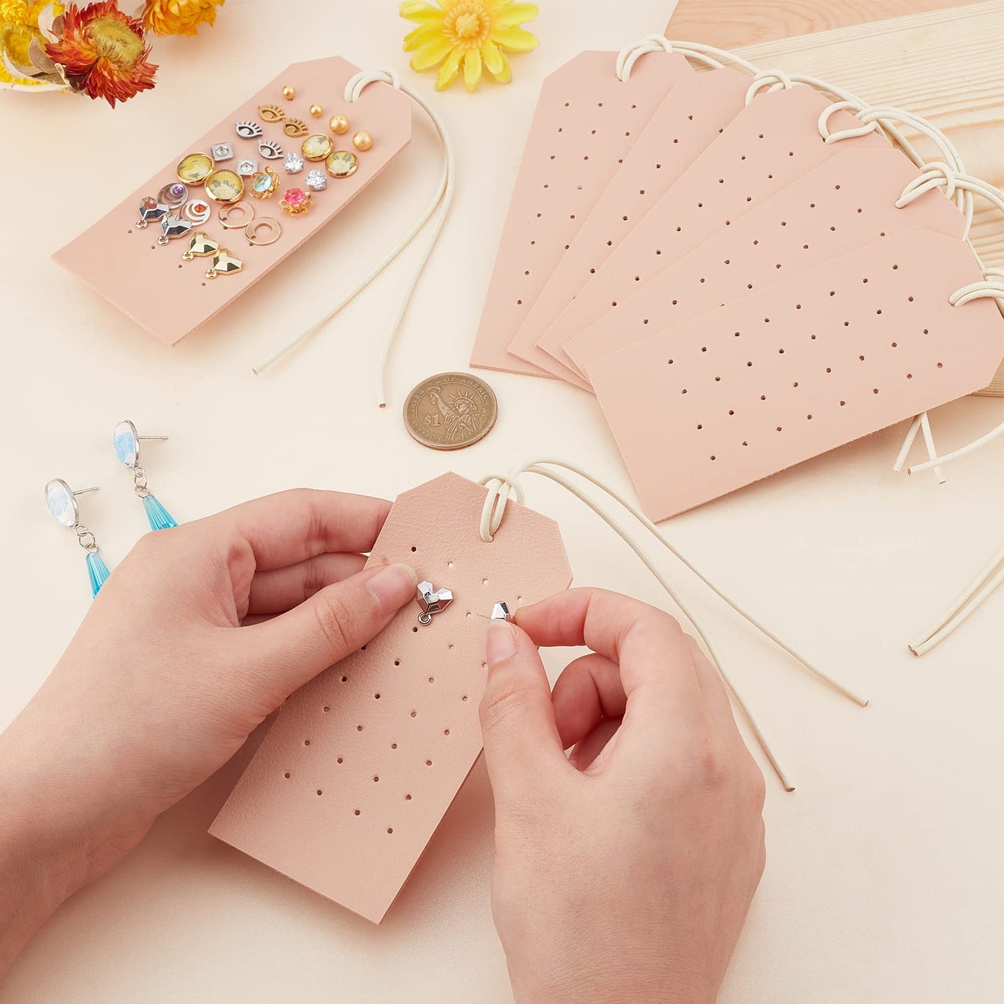 OLYCRAFT 7Pcs Portable Leather Earring Holders Pierced Earring Display Card Leather Stud Holder Earring Organizer Hanging Jewelry Cards for Home Travel Earrings Stud Jewelry Storage Display -PeachPuff