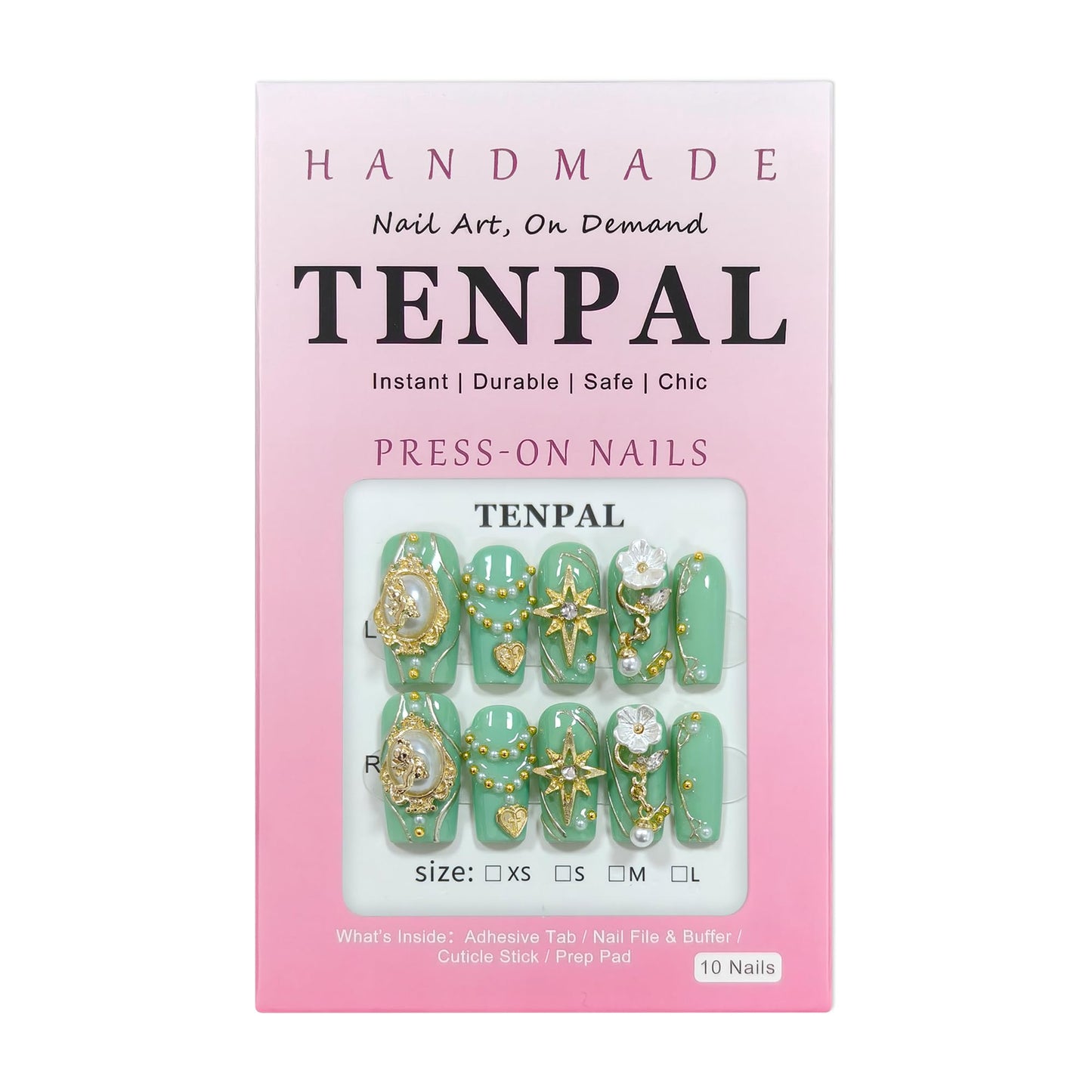 TENPAL Handmade Press on Nails Medium Square,Green Gold Gothic Angel Sweet Sexy Glitter Fake Nails Reusable Daily Wear Salon Acrylic False Nails for Women Girls 10PCS(L)