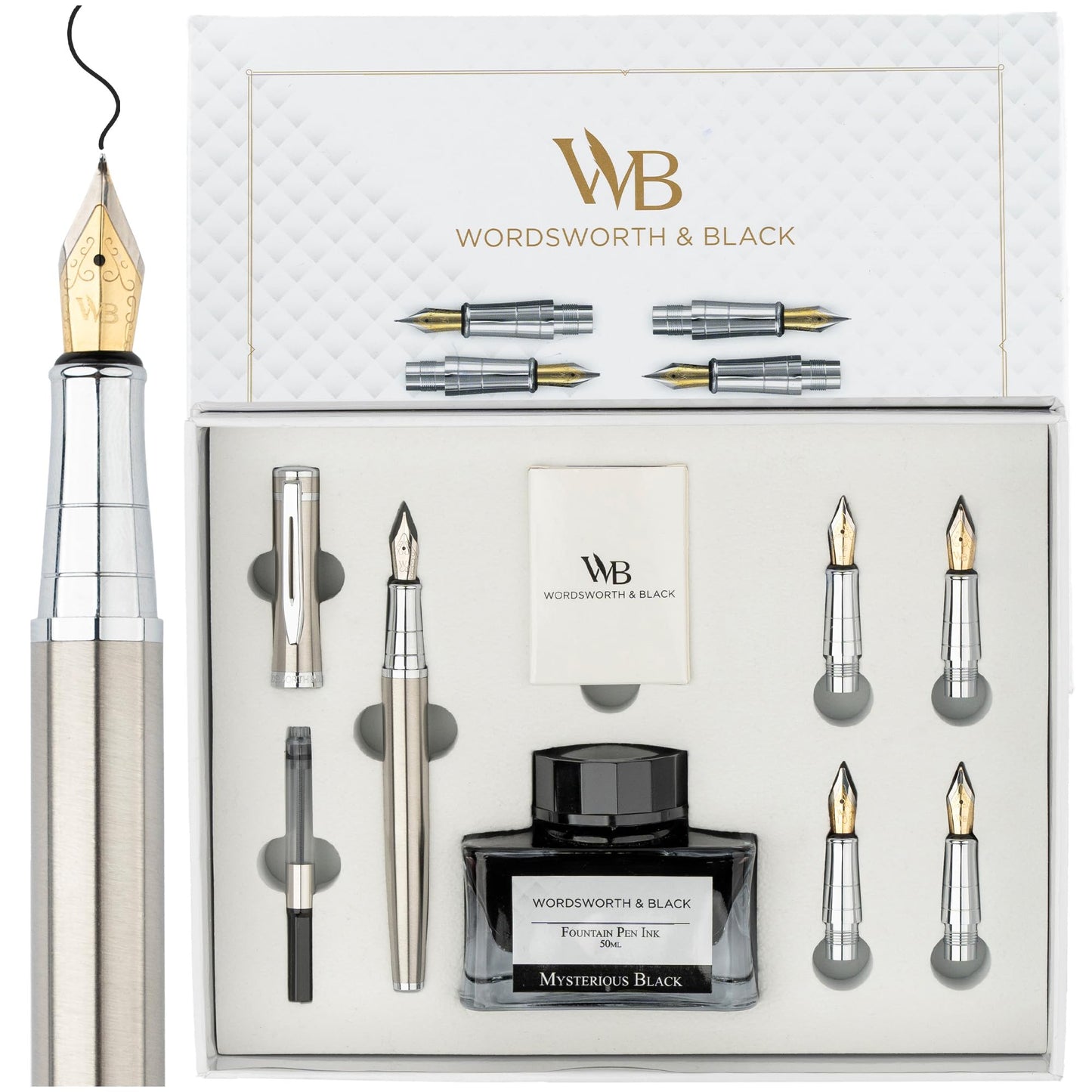 Wordsworth & Black Fountain Pen Gift Set, Includes Ink Bottle, 6 Ink Cartridges & A Refill Converter, 4 Replacement Nibs, Premium Package, Journaling, Calligraphy, Smooth Writing Pens [Silver Chrome]