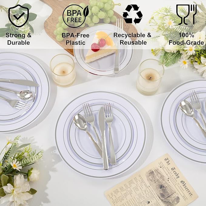 100PCS White Plastic Plates, 10 Inch Disposable Dinner Plate Party with Silver Rim, Heavy Duty Disposable Plastic Plates for Party, Wedding and Birthday