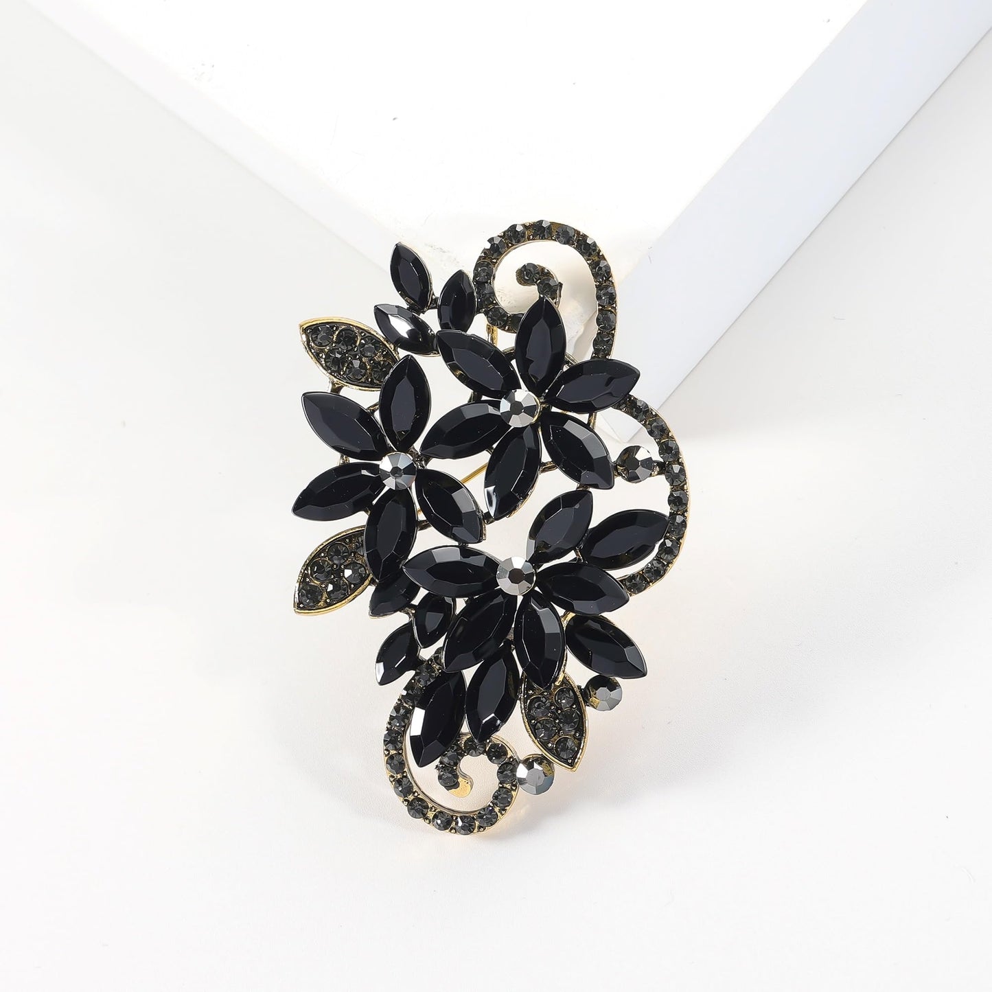 YOQUCOL Vintage Blck Austrian Crystal Rhinestone Flower Shape Brooch Pin For Women