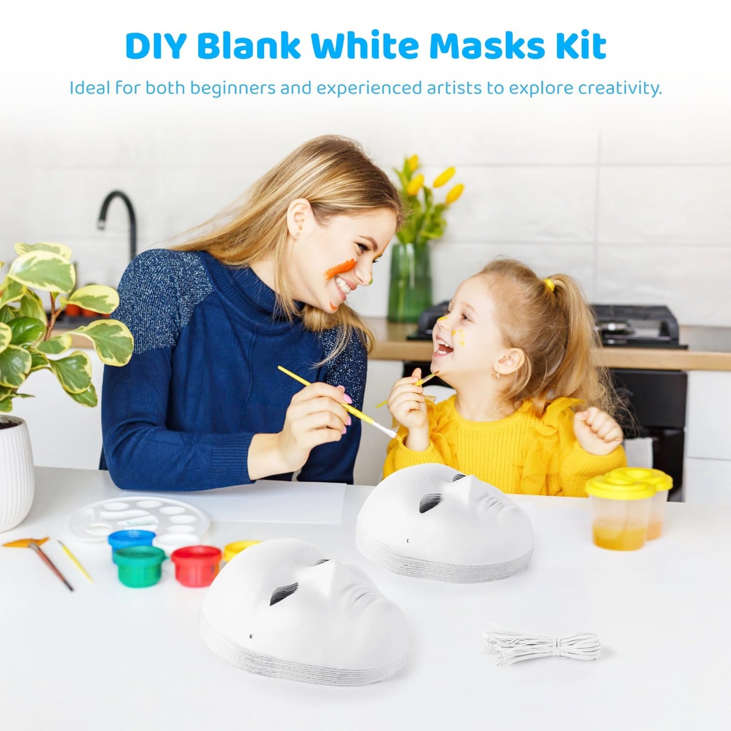 50 Pcs Paper Mache Masks, DIY Blank White Masks, Full Face Set with 5 Paint Sets & Palettes, 25 Male & 25 Female Paintable Masks for Halloween, Masquerade, Craft Projects