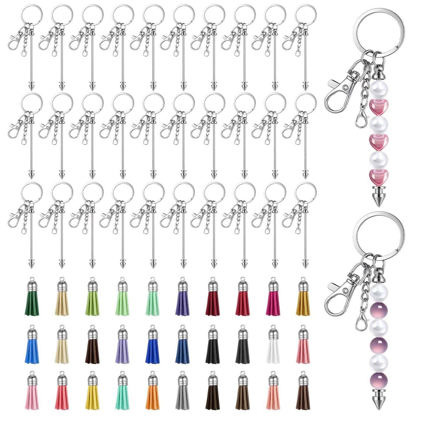 60 Pcs Beadable Keychains Bars with Tassel Silver Beads Keychain Making Kit DIY Blank Beaded Keychain with 36 Colorful Leather Tassel for Key Chain Making Supplies Jewelry Mak ing Gift