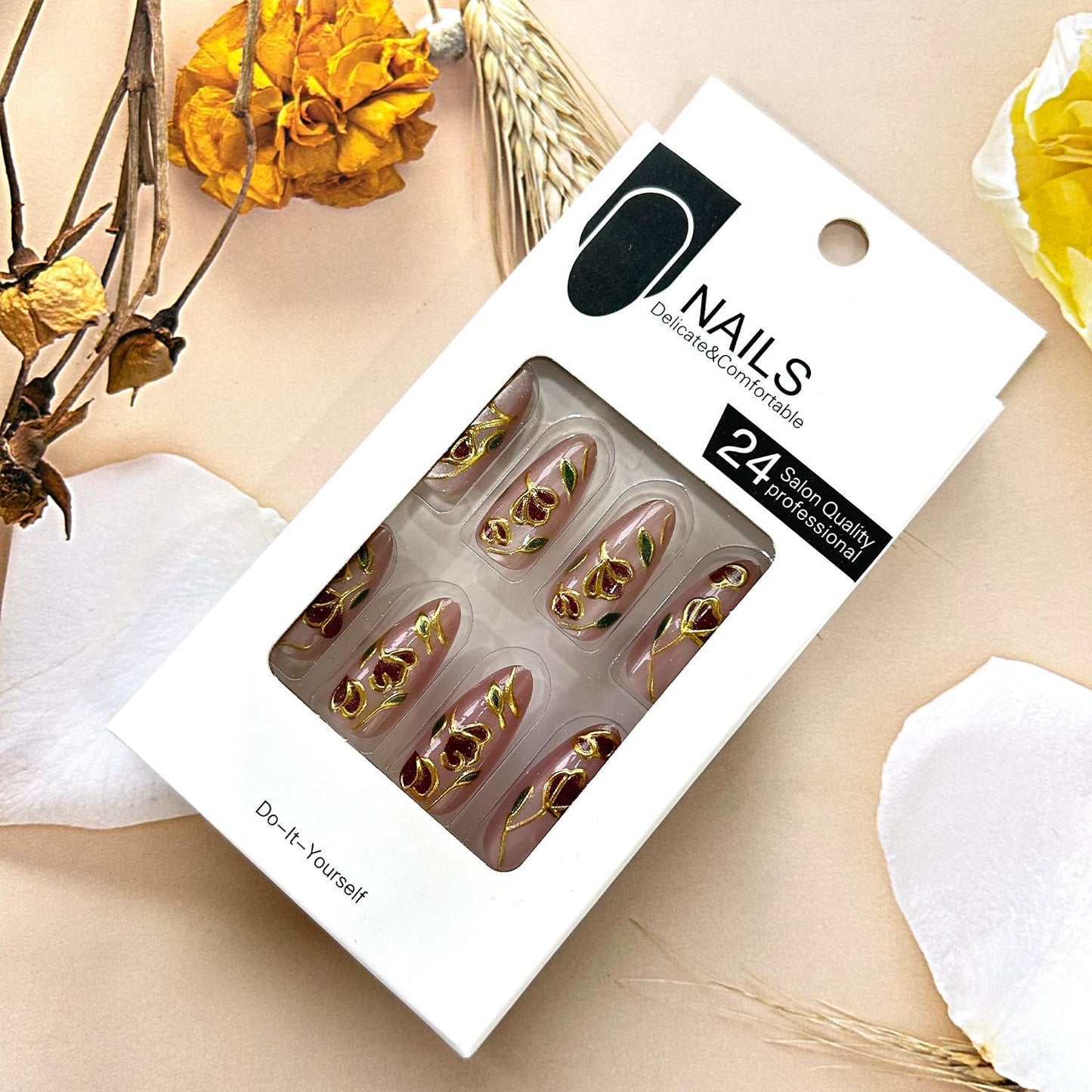 Flower Press on Nails Medium Length Red Floral Pattern Design Press Ons Fake Nail Full Cover Glossy Almond Tip Stick on Nail Acrylic Artificail Fingernails Reusable DIY Glue on Nails for Women 24Pcs