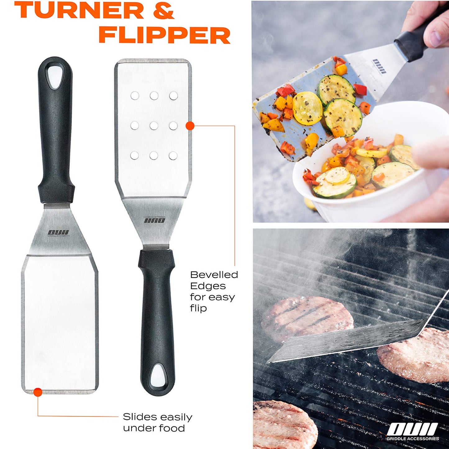 OUII Flat Top Griddle Accessories for Blackstone and Camp Chef Griddle - 9 Pieces Set with Griddle Cleaning Kit and Carry Bag! Metal Spatula, Scraper for Hibachi and Teppanyaki Grill