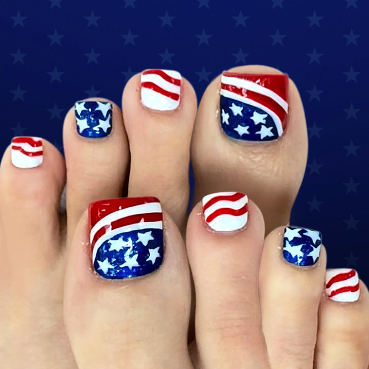 4th of July Press on Toenails Short Square Fake Toe Nails Red White Blue Glossy False Toenails Acrylic Toe Nail Press ons Independence Day Stars Stripes Stick on Nails for Women 24Pcs
