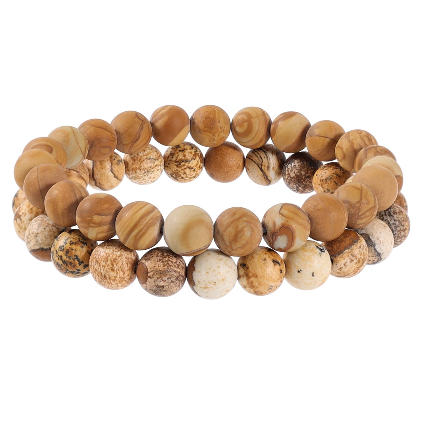 Bivei Natural Gemstone Semi Precious Crystals Handmade Stretchy Round Beads Bracelet, Enhance Positive Energy,Stocking Stuffers for Women(Wood Grain Jasper & Picture Jasper（Creativity） Medium)